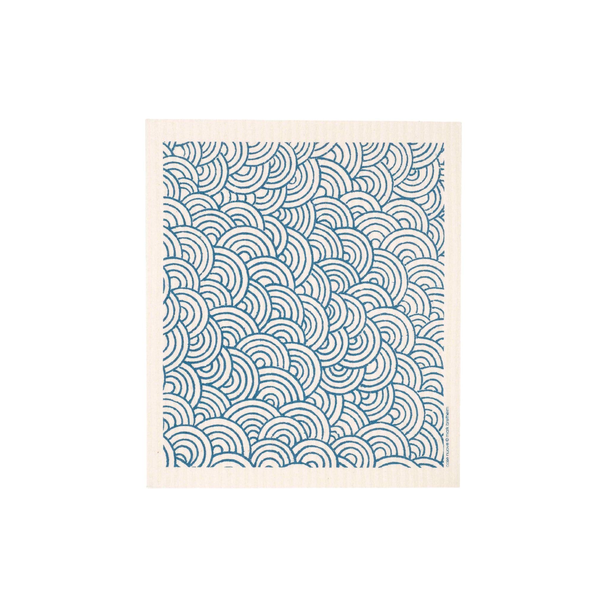 Circles Swedish Dishcloth by Cose Nuove featuring an intricate repeating pattern of overlapping blue concentric arcs and semicircles on a natural off-white background.