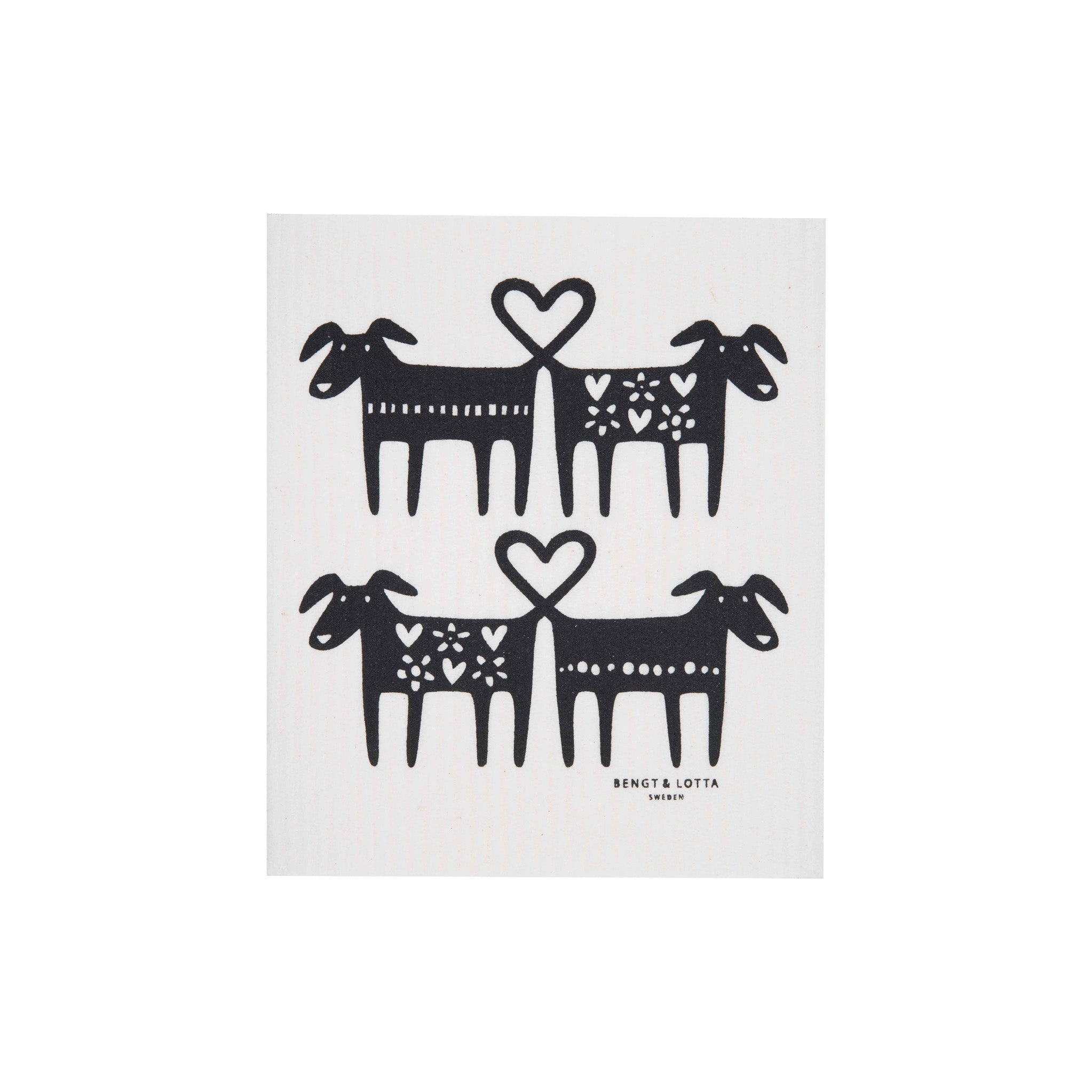 Dog Lovers Swedish Dishcloth by Bengt & Lotta featuring four stylized black dogs with heart-shaped tails, white floral motifs, and geometric markings on a natural white background.