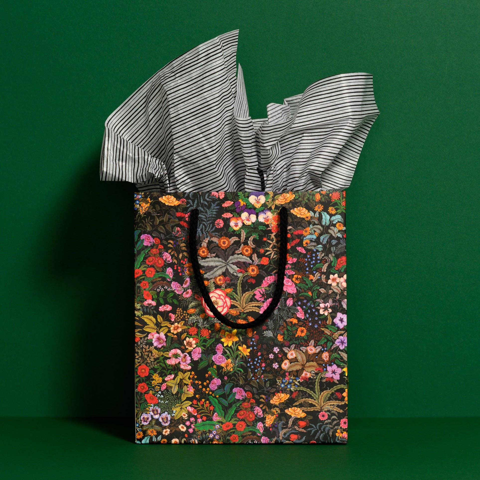 Red Cap Cards Black Stripe Tissue Paper, illustrated by Dylan Mierzwinski. Set of 5 black and white striped tissue sheets, 20 × 30 inches, 17 gsm.