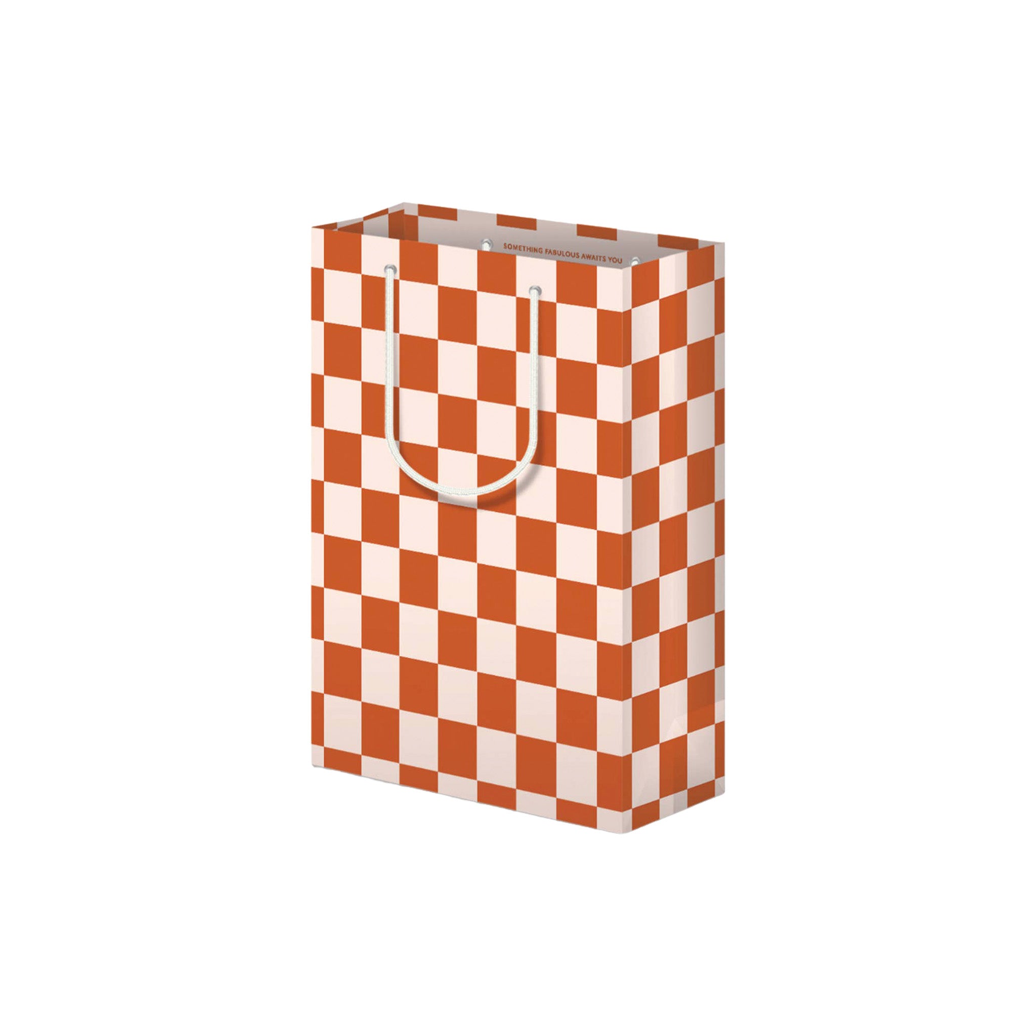 Checkers Gift Bag with a bold rust and cream checkerboard pattern, featuring rope handles and gusseted sides, shown standing upright.