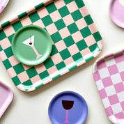 Kat Checker Serving Tray, 27 × 20 cm, in peach and tulip check pattern. FSC-certified birch veneer, handcrafted in Sweden.