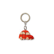 Donna Wilson wooden car keyring featuring a bright red double-sided car design with a sturdy metal keyring on a white background.