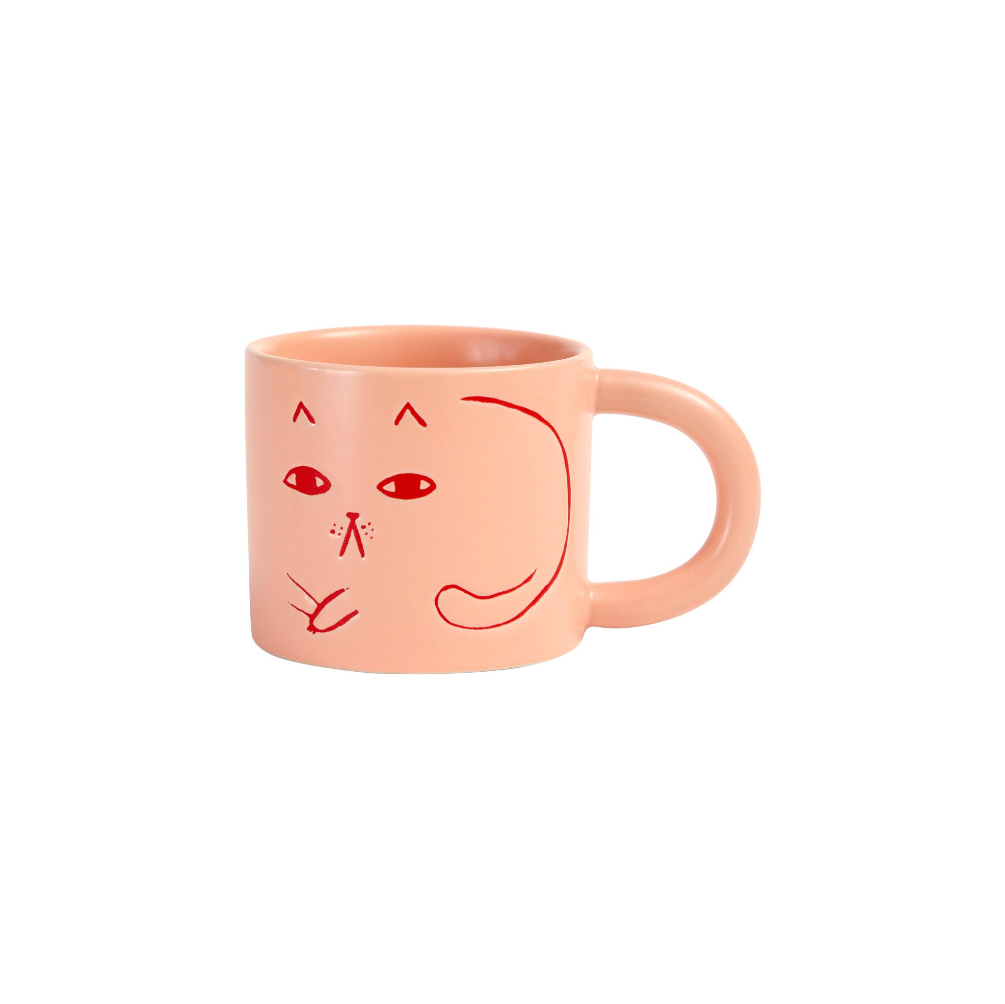 Donna Wilson candy-pink ceramic Cat Mug with debossed cat images, tactile coffee or tea mug.