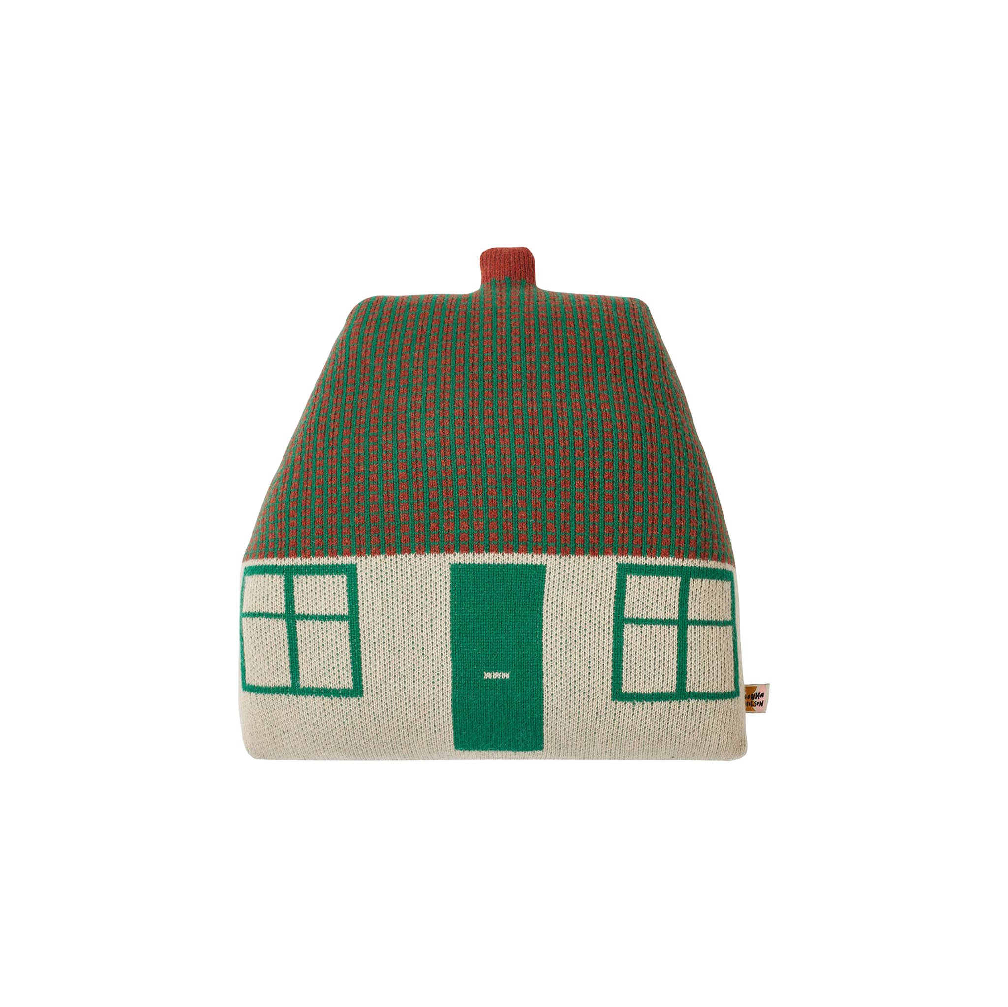Donna Wilson Cottage Cushion in green lambswool, house-shaped pillow inspired by Prospect Cottage.