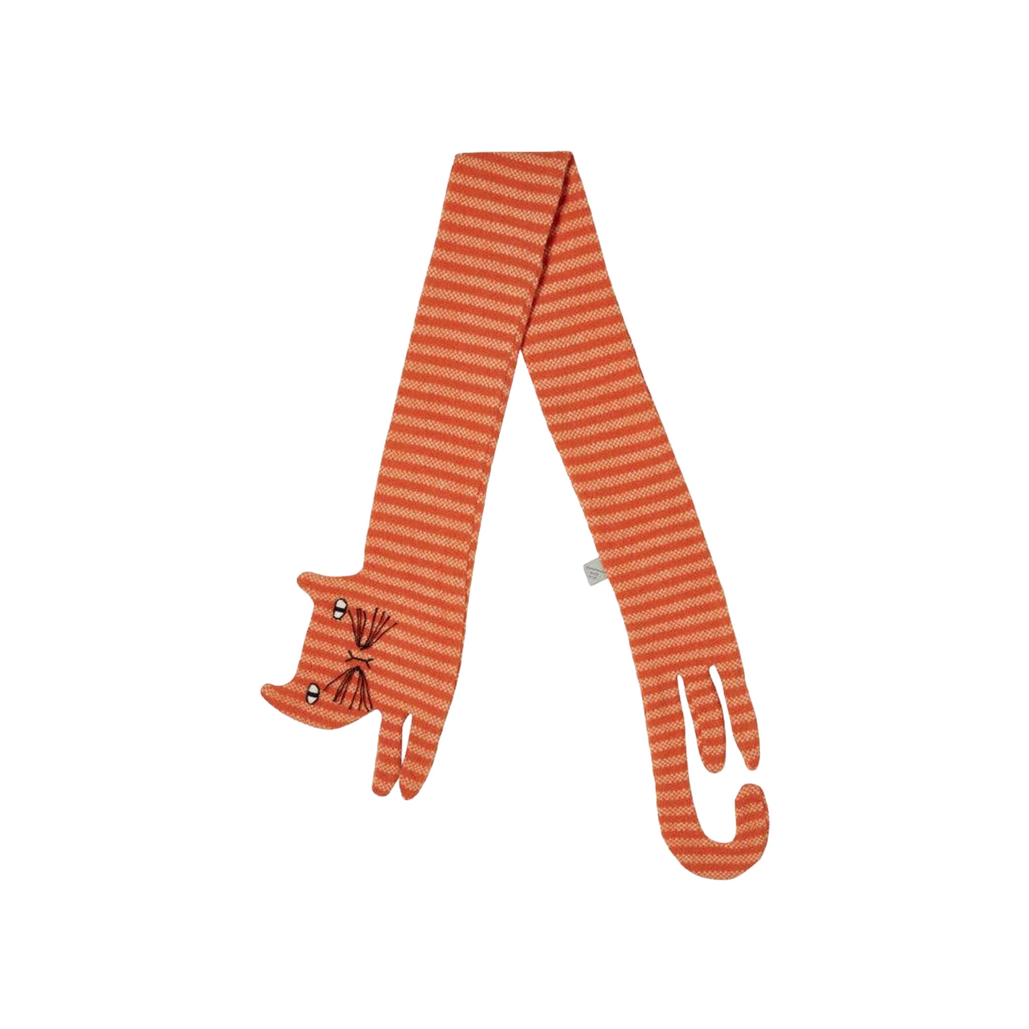 Donna Wilson Ginge Cat scarf in orange striped lambswool with a long cat shape and embroidered face.