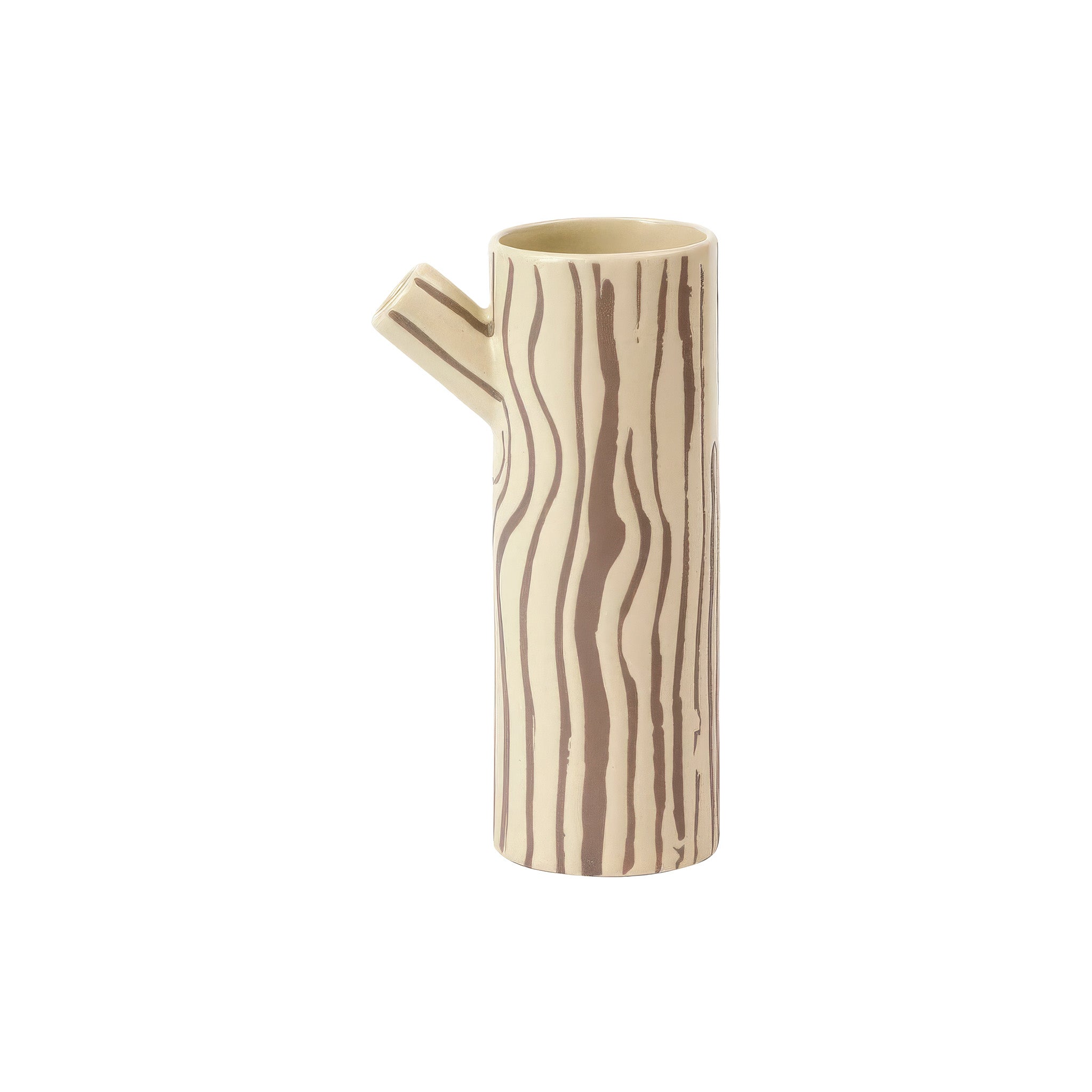  Vase in cream stoneware with brown hand-drawn woodgrain stripes and sculptural twig handle.