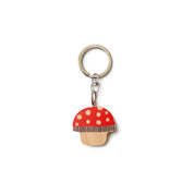 Donna Wilson wooden mushroom keyring with a colorful double-sided printed design and sturdy metal keyring on a white background.