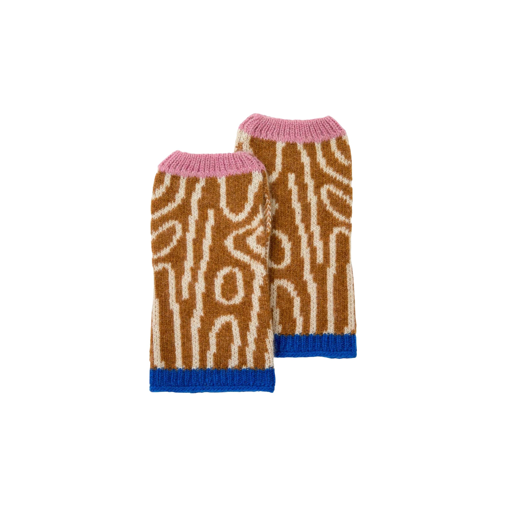 Graphic lambswool wrist warmers in brown and cream with pink cuffs and blue trim by Donna Wilson.