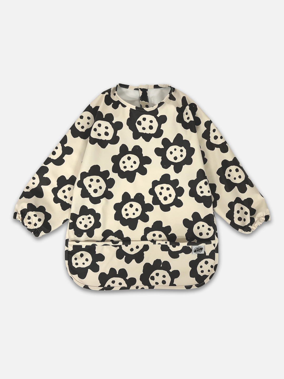 Long sleeve smock bib in six artist-designed colorways. Waterproof, recycled fabric, fits 6 months–3 years—extra coverage for mealtime and crafts.