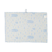 Sauna Towel by Kauniste in reversible cotton-linen jacquard fabric featuring a Finnish lakeside sauna and forest pattern designed by Riikka Laakso.
