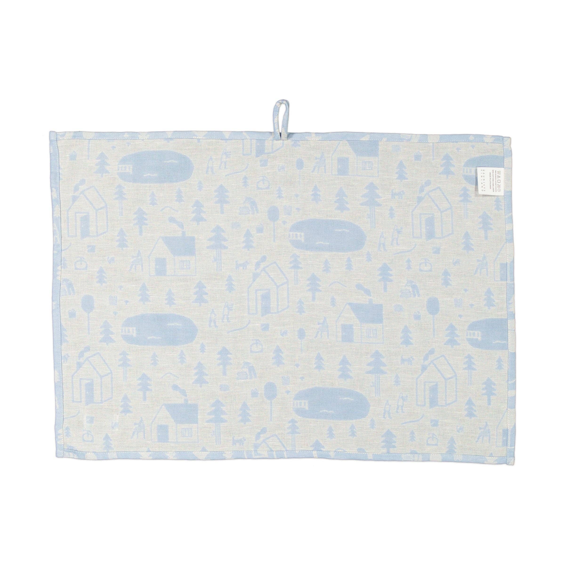 Sauna Towel by Kauniste in reversible cotton-linen jacquard fabric featuring a Finnish lakeside sauna and forest pattern designed by Riikka Laakso.