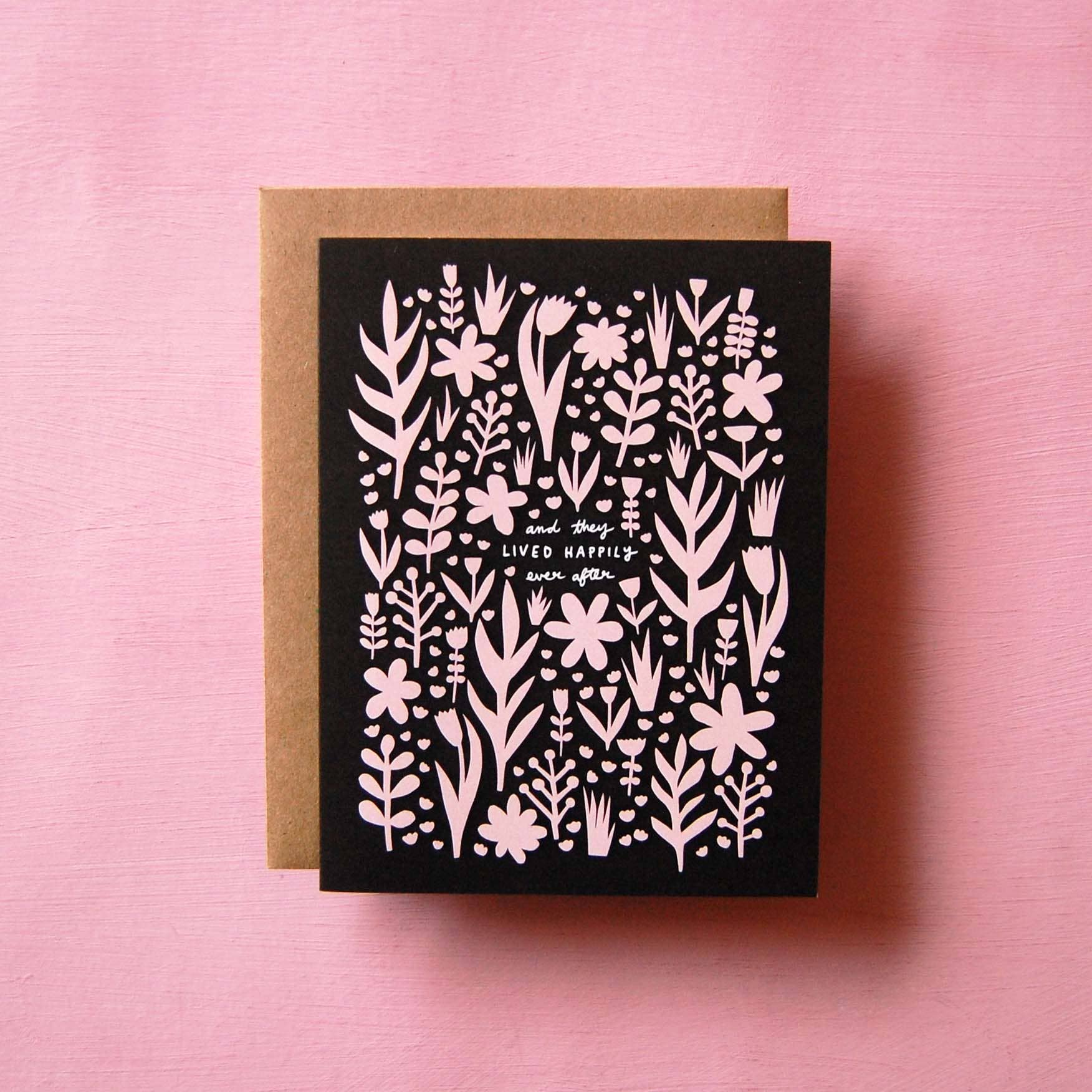 Badger & Burke Wedding Flowers Card. Modern floral wedding card with pink flowers on black background. Blank inside, FSC-certified, made in Canada.
