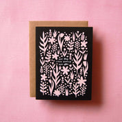 Badger & Burke Wedding Flowers Card. Modern floral wedding card with pink flowers on black background. Blank inside, FSC-certified, made in Canada.