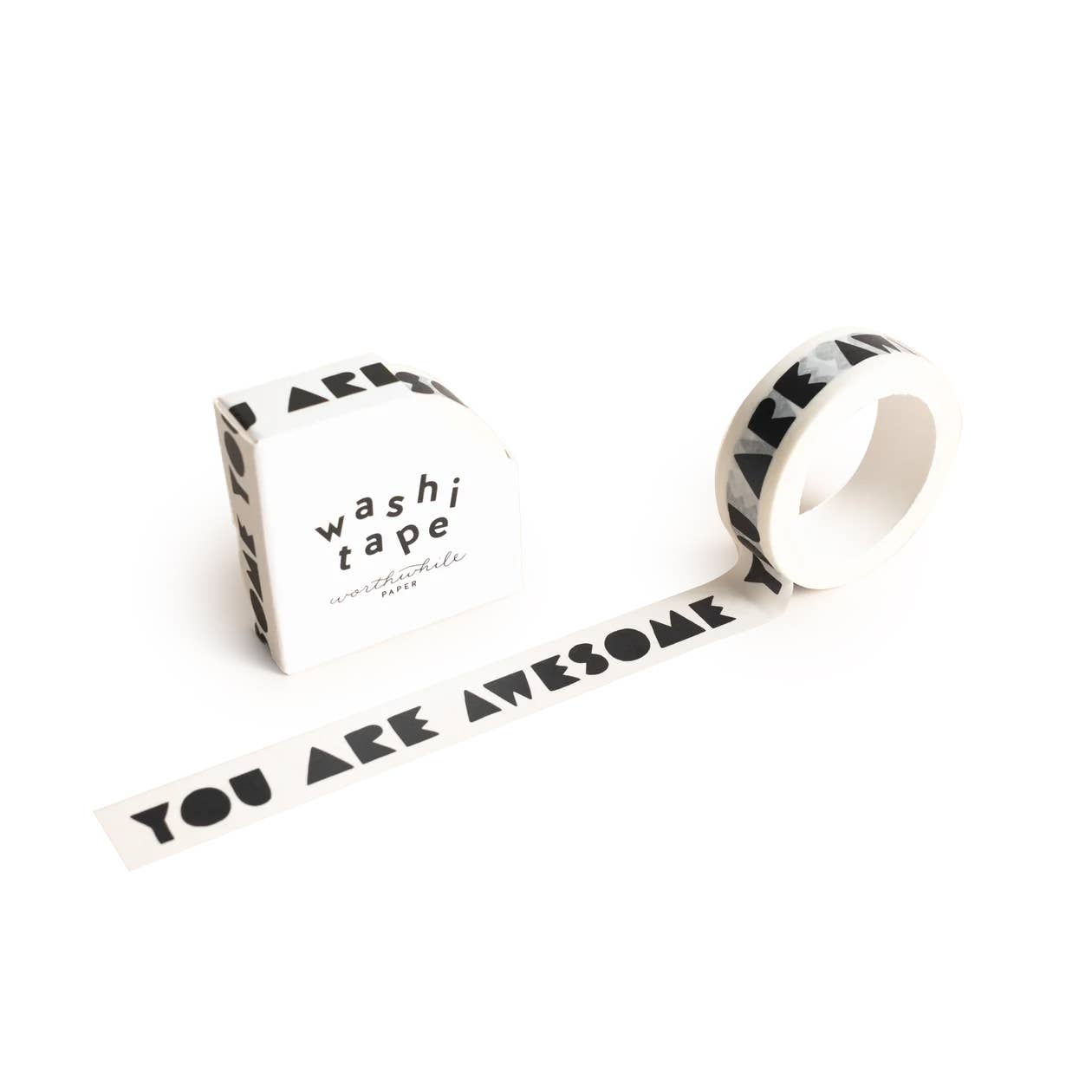 Worthwhile Paper You Are Awesome Washi Tape with hand-lettered design repeating “You Are Awesome.” Decorative paper tape, 15mm wide, in recyclable storage box.