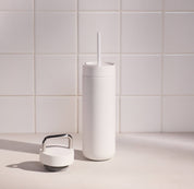 Fellow Carter 2-in-1 Chill Set in matte white, 16 oz insulated tumbler with straw lid and ceramic interior, gift-boxed.