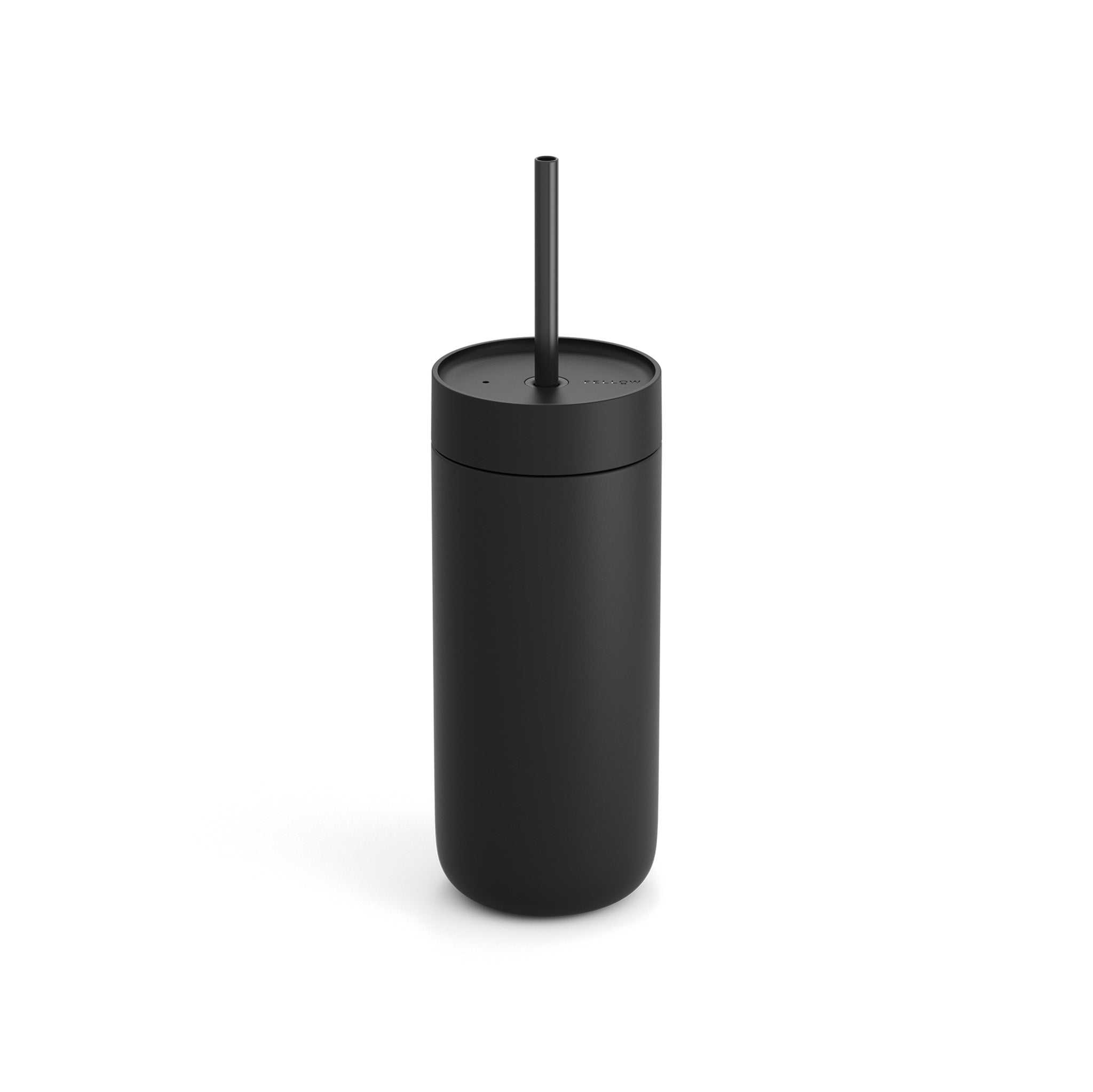Fellow Carter Cold Tumbler in matte stainless steel with reusable straw, ceramic-coated interior, and spill-resistant lid. Available in 16 oz size.