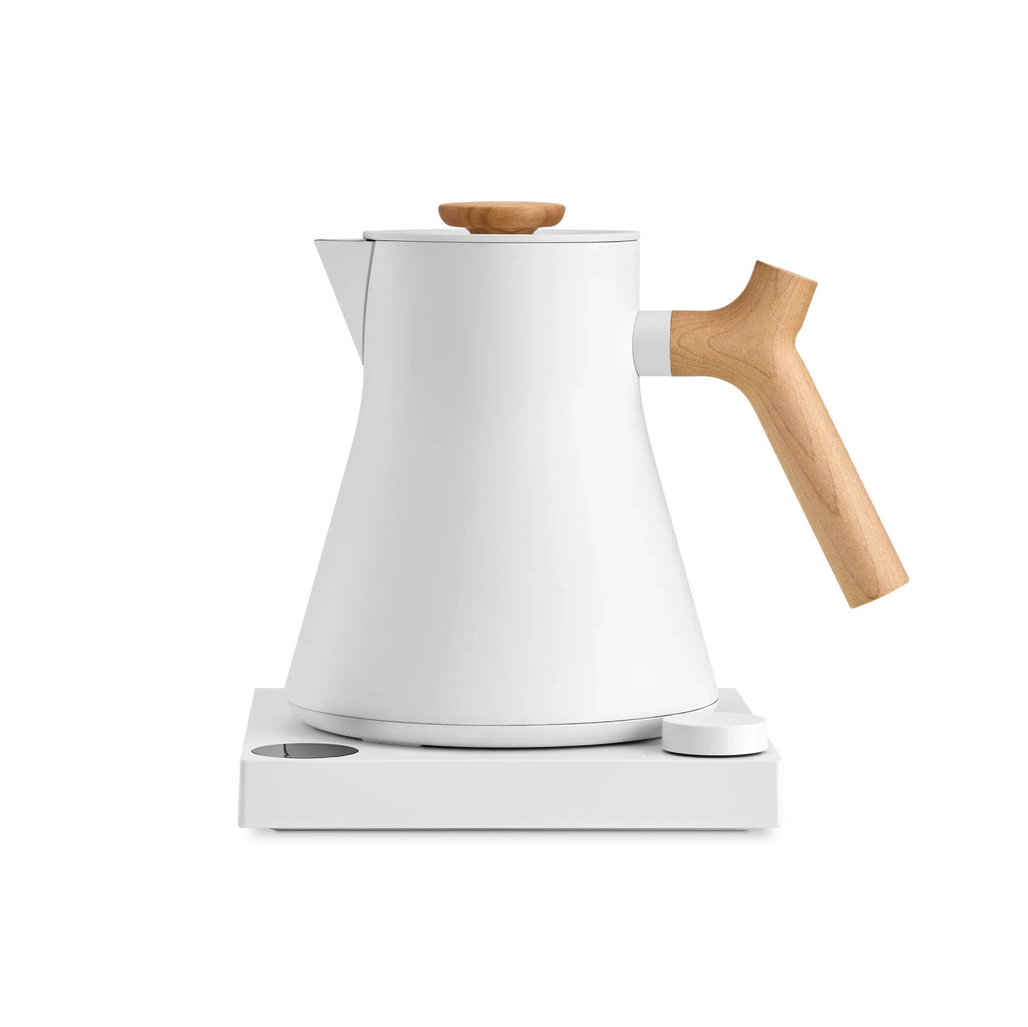 Fellow Corvo EKG Pro Electric Kettle in matte white with maple, 0.9 L stainless steel body with precision temperature control and full-color LCD screen.