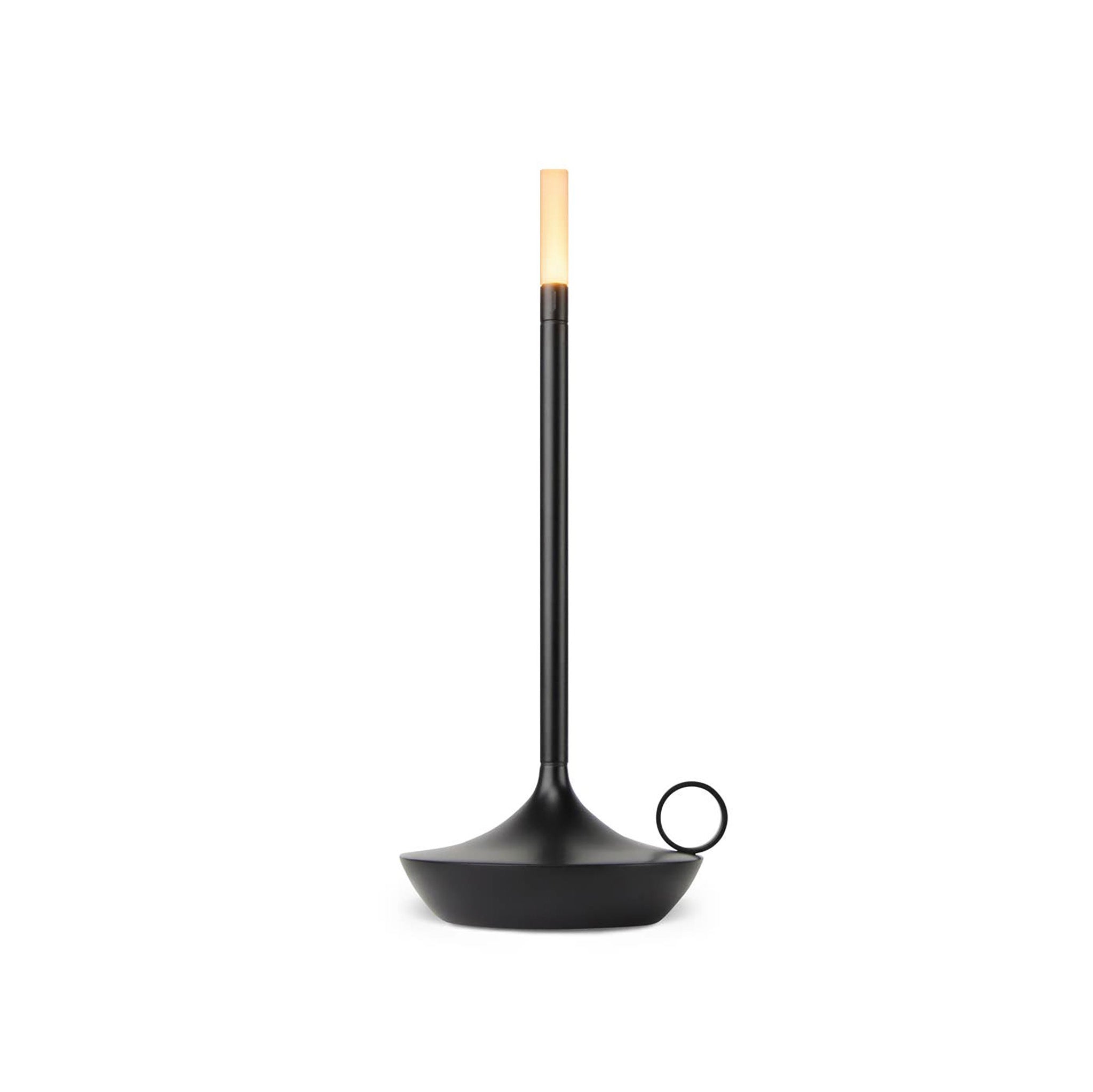 Graypants Wick Portable Rechargeable Candle Lamp in plated aluminum with warm white LED glow. Cordless, USB-C rechargeable, gift pack included.