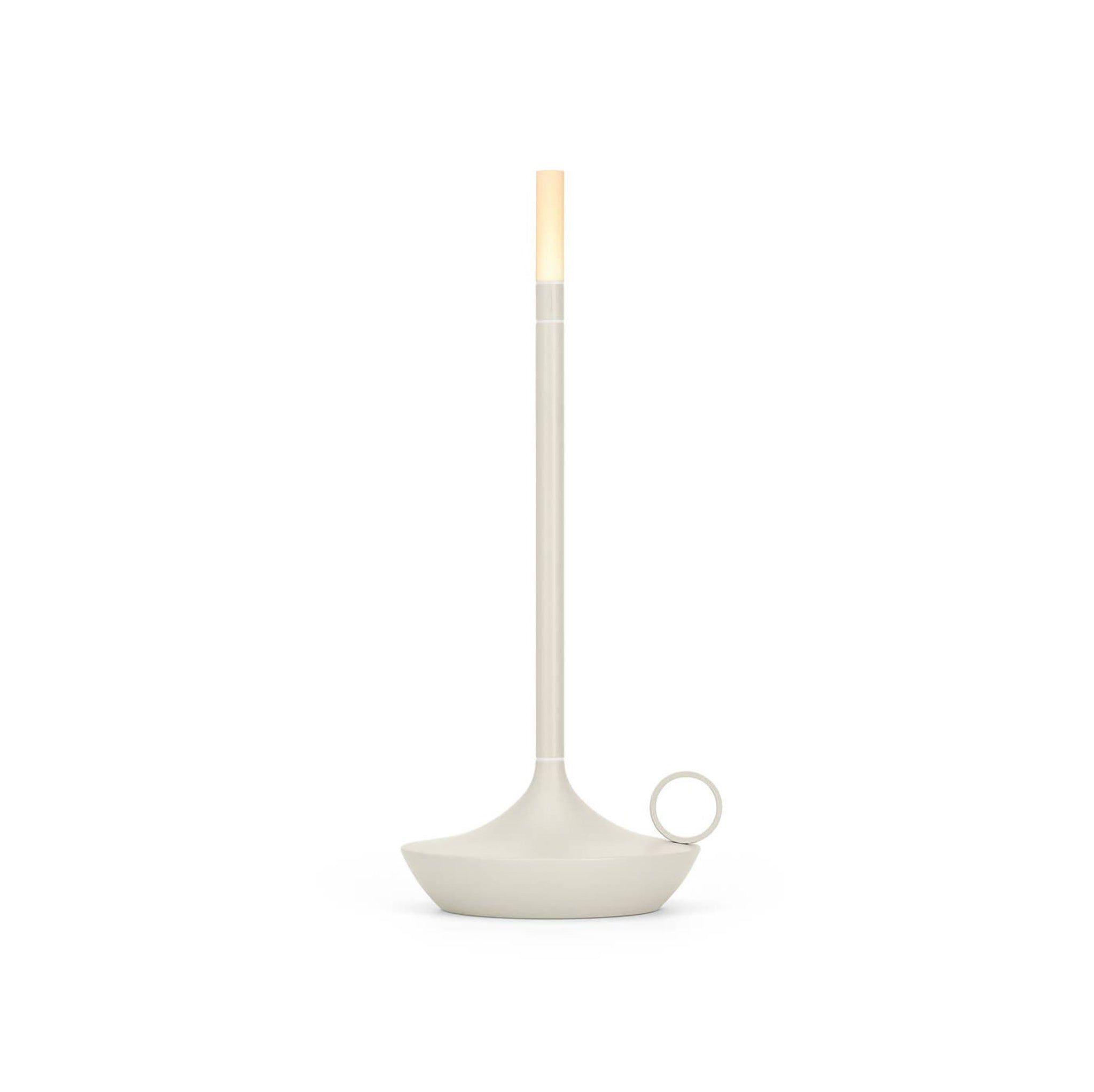 Graypants Wick Portable Rechargeable Candle Lamp in plated aluminum with warm white LED glow. Cordless, USB-C rechargeable, gift pack included.