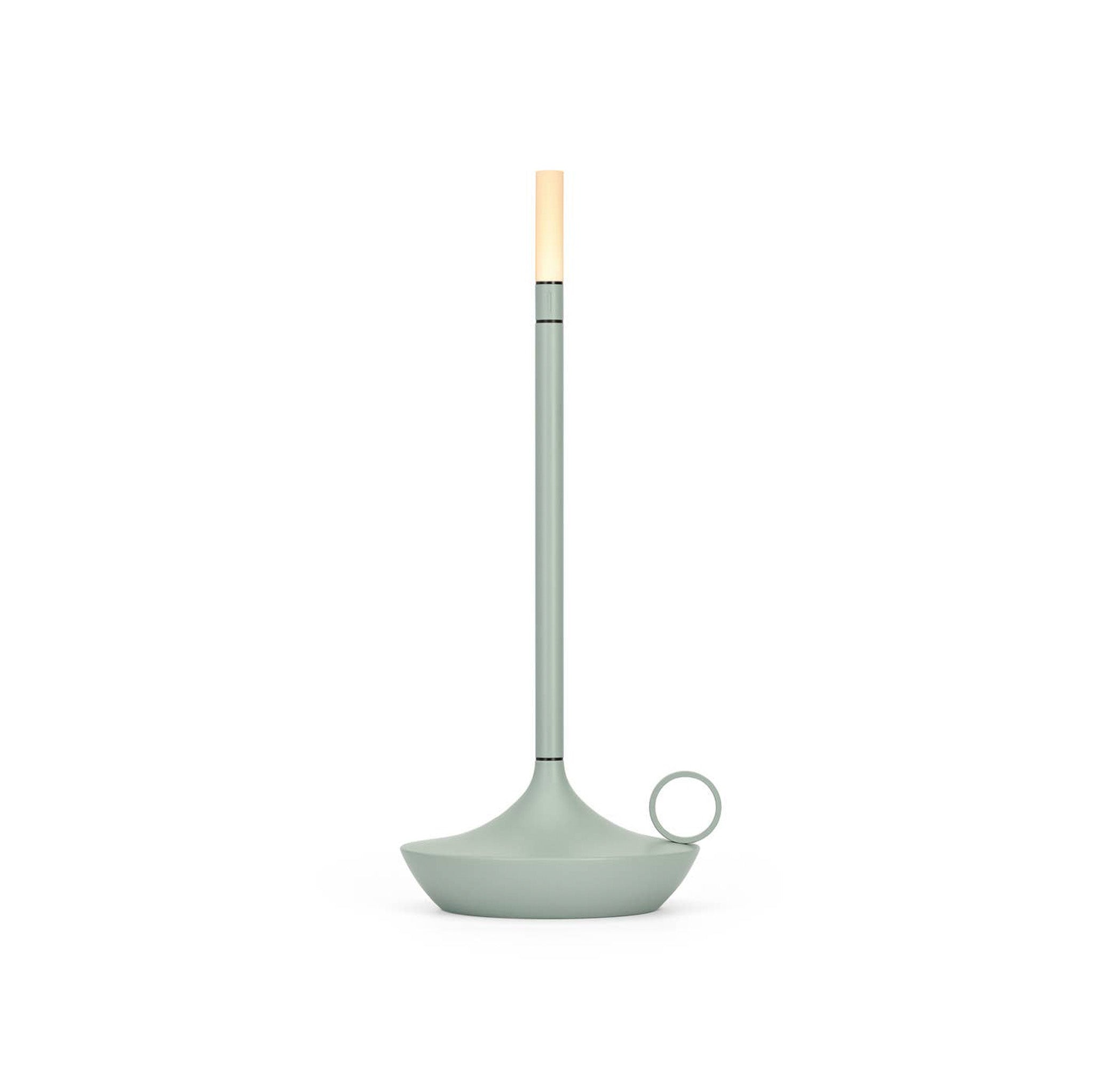 Graypants Wick Portable Rechargeable Candle Lamp in plated aluminum with warm white LED glow. Cordless, USB-C rechargeable, gift pack included.