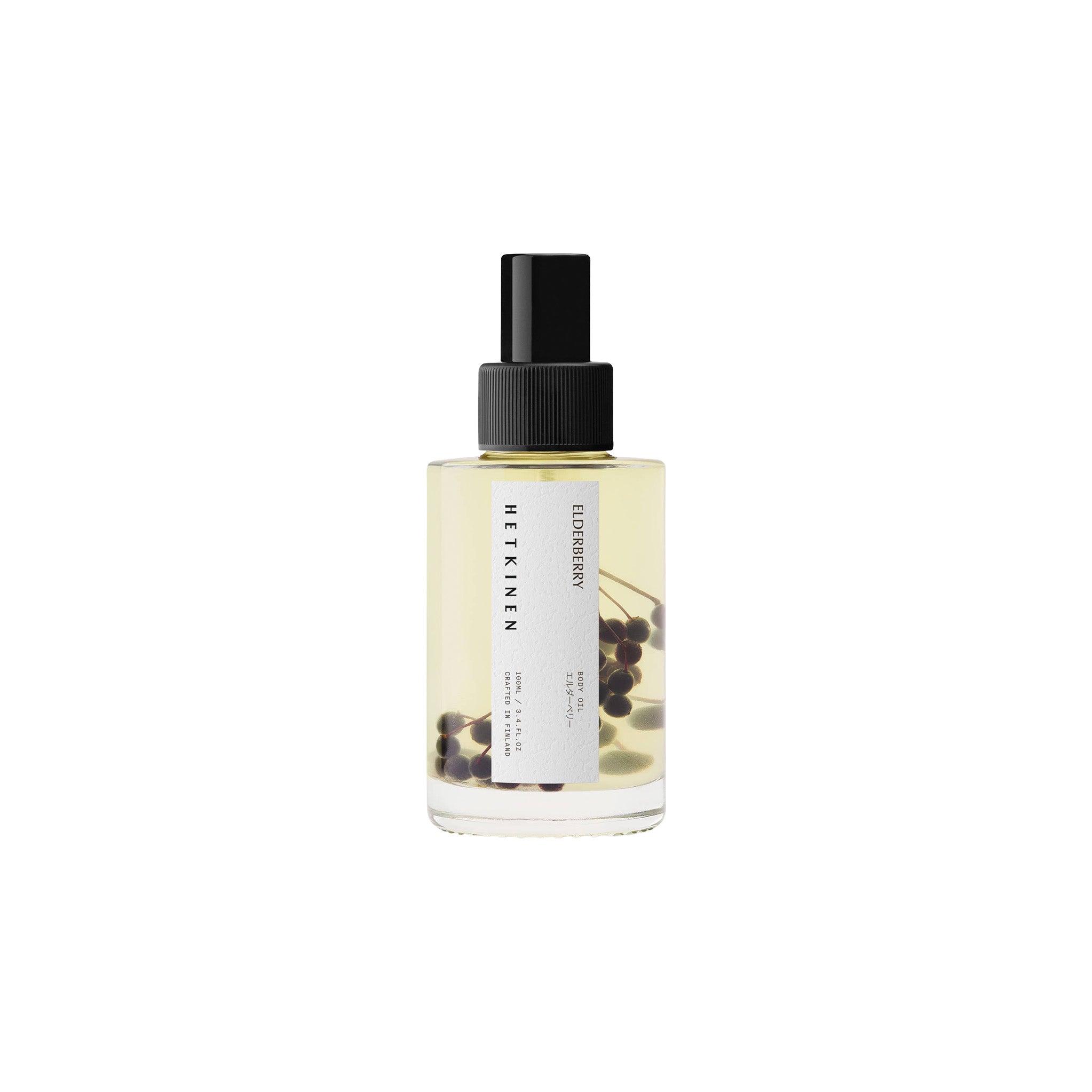 Hetkinen Elderberry Body Oil in a glass bottle with a real elder branch inside, featuring a nourishing blend of plant oils and notes of elderberry, blackcurrant, and sage.