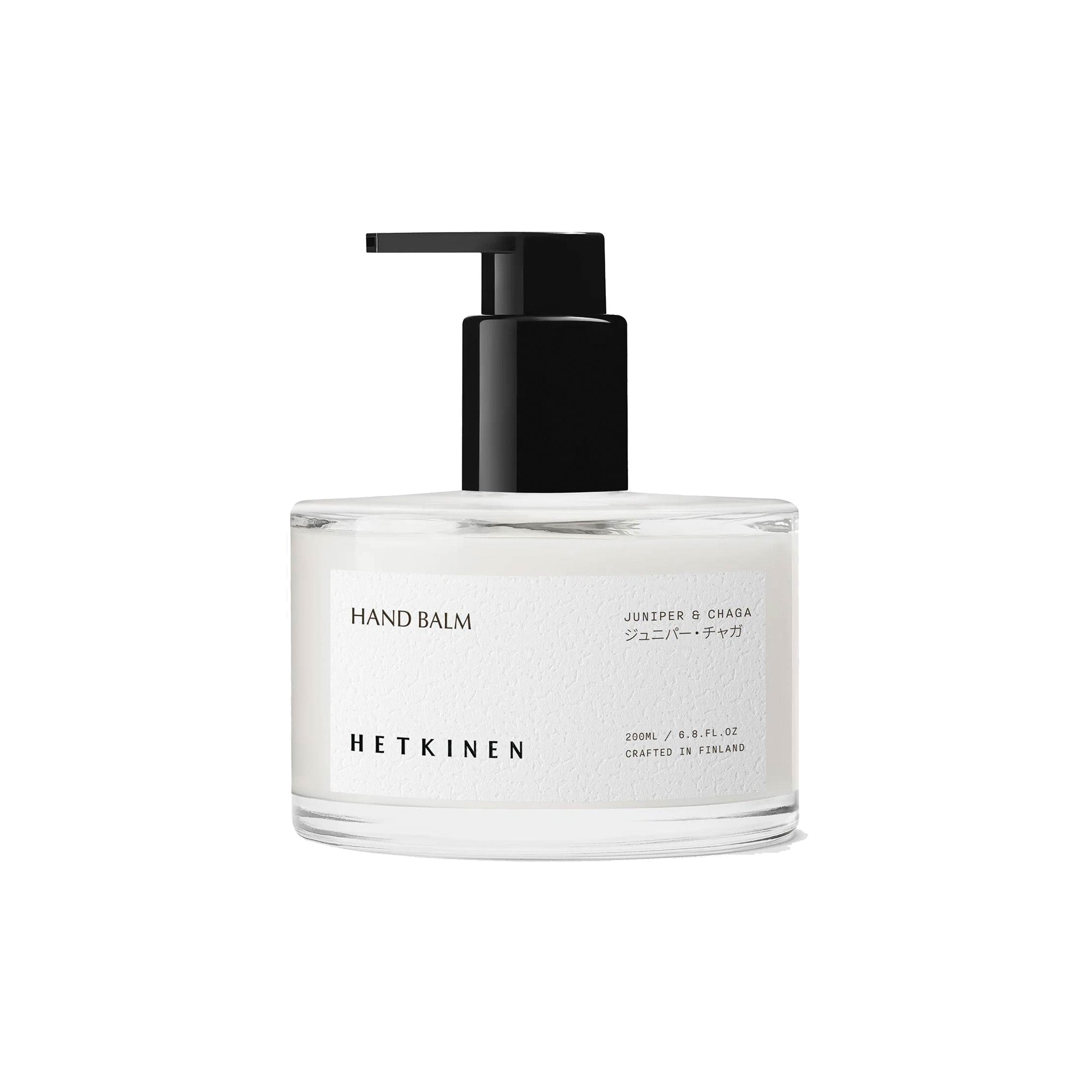 Hetkinen Juniper & Chaga Hand Balm in a 200 ml pump bottle with earthy Nordic-inspired packaging and natural vegan skincare ingredients.