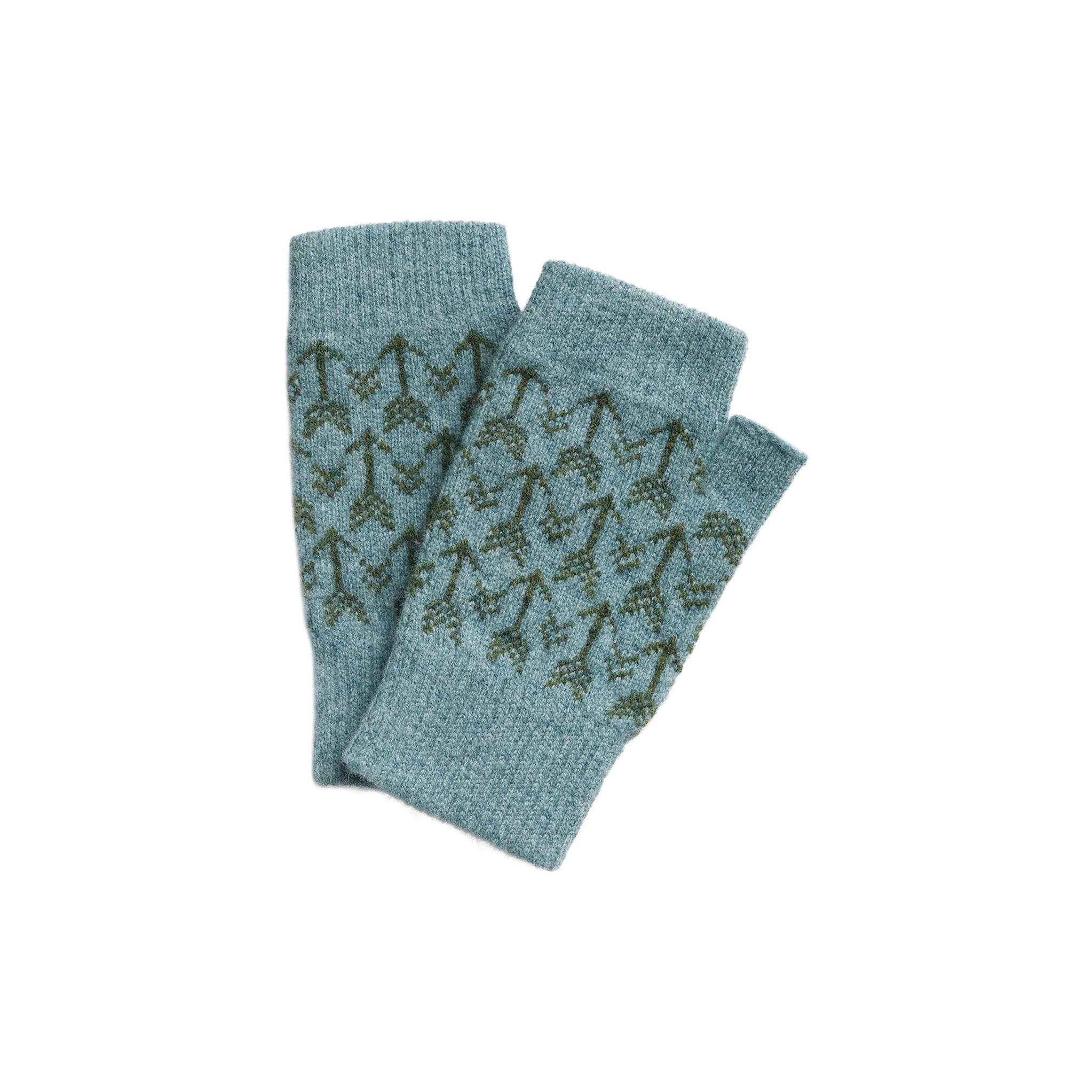 Pair of Hilary Grant Arrow fingerless mittens with bold graphic pattern, knitted from Scottish lambswool and made in Orkney.