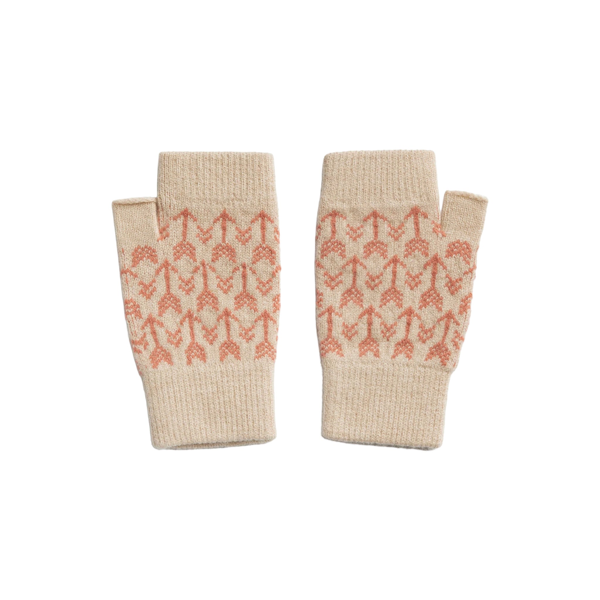 Pair of Hilary Grant Arrow fingerless mittens with bold graphic pattern, knitted from Scottish lambswool and made in Orkney.