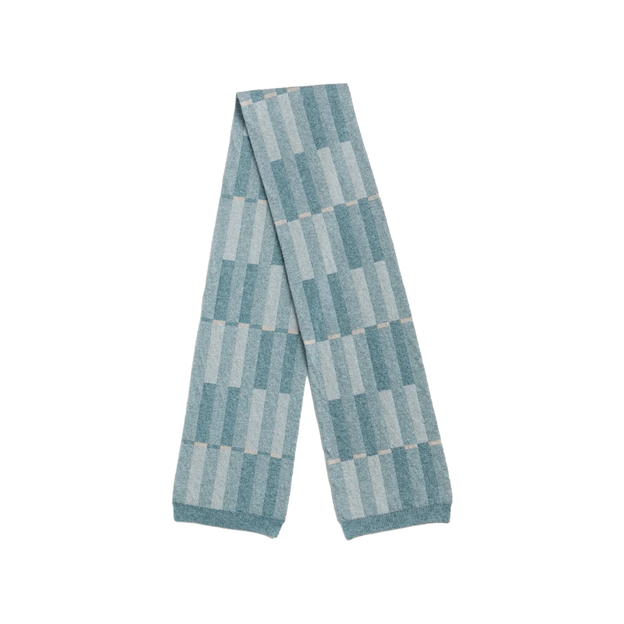 Hilary Grant Garden Small Scarf in North Sea & Haar colorway — reversible lambswool scarf with fine vertical stripes and contrast bands.