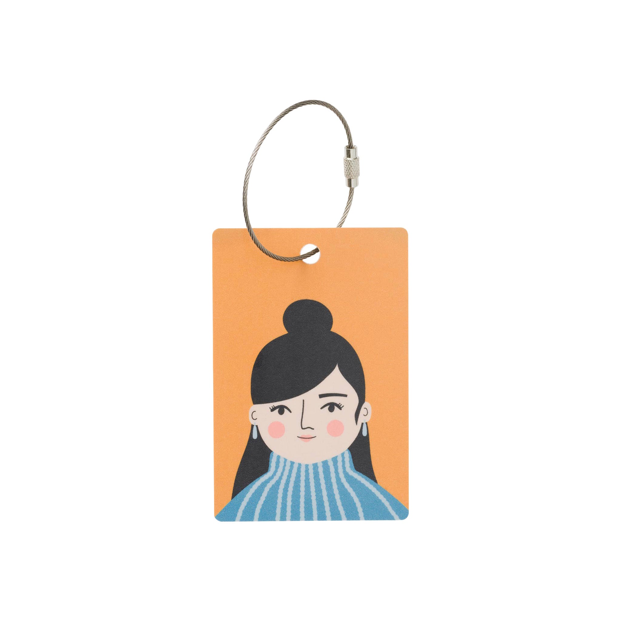 Spira of Sweden Jasmine Bag-Tag with colorful character illustration, handmade in Sweden from layered birch veneer with metal wire attachment.