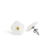 Handmade porcelain Flower Stud earrings by Jenna Vanden Brink with colorful petals and 22K gold luster centers.