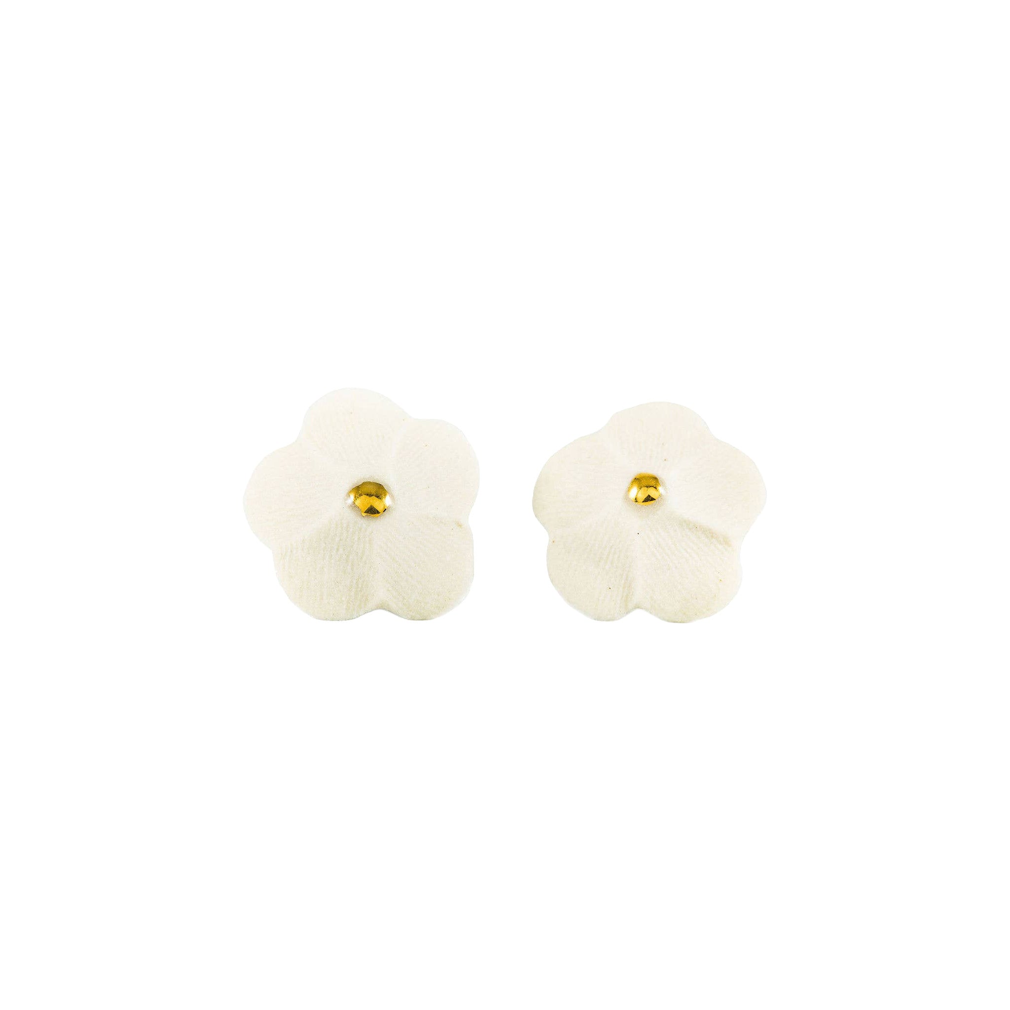 Handmade porcelain Flower Stud earrings by Jenna Vanden Brink with colorful petals and 22K gold luster centers.