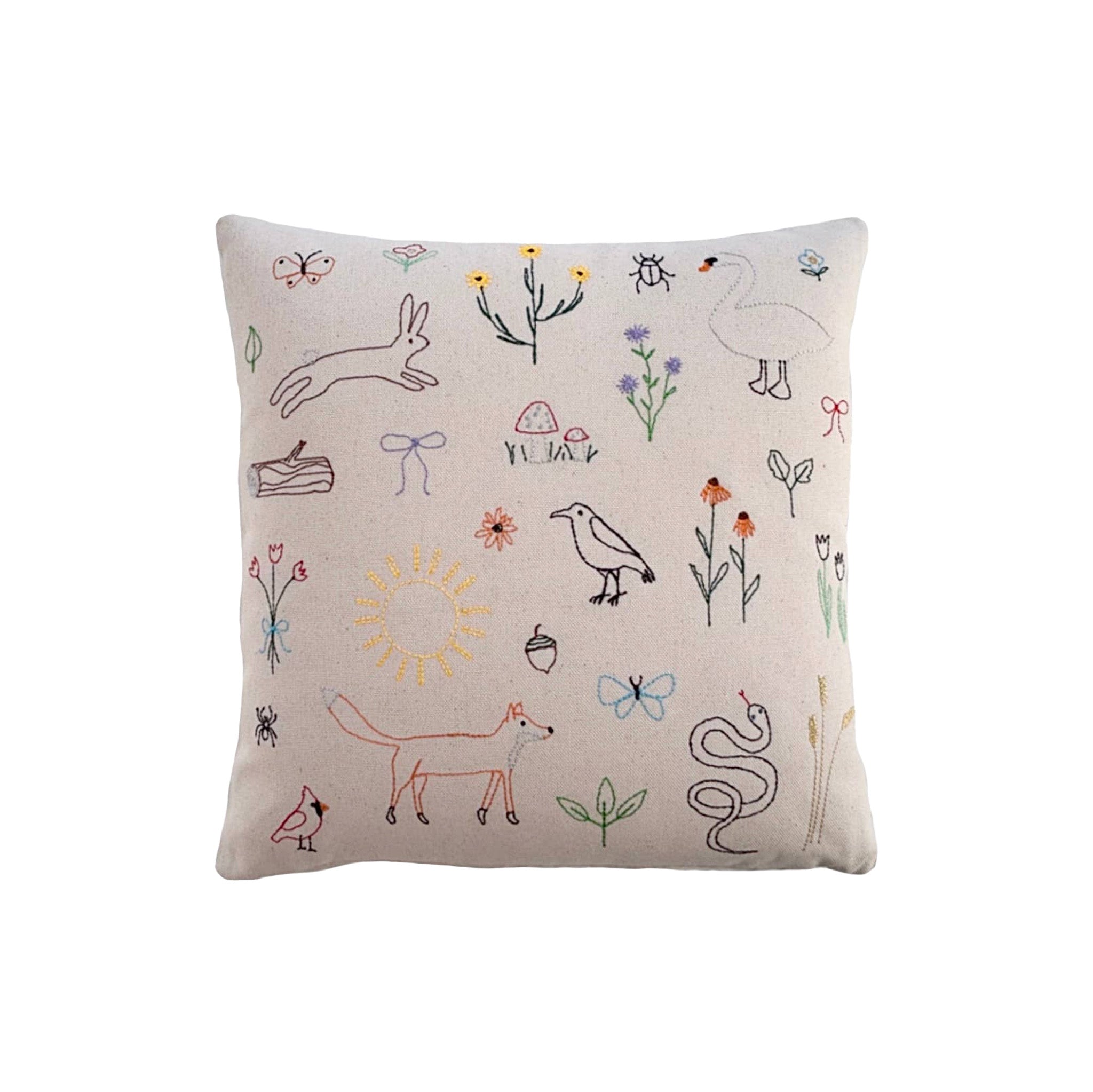 Biota Cushion by K Studio. Handcrafted in Grand Rapids, Michigan. Organic cotton pillow with multicolor stitched spring motif, zipper closure, and down-alternative insert.
