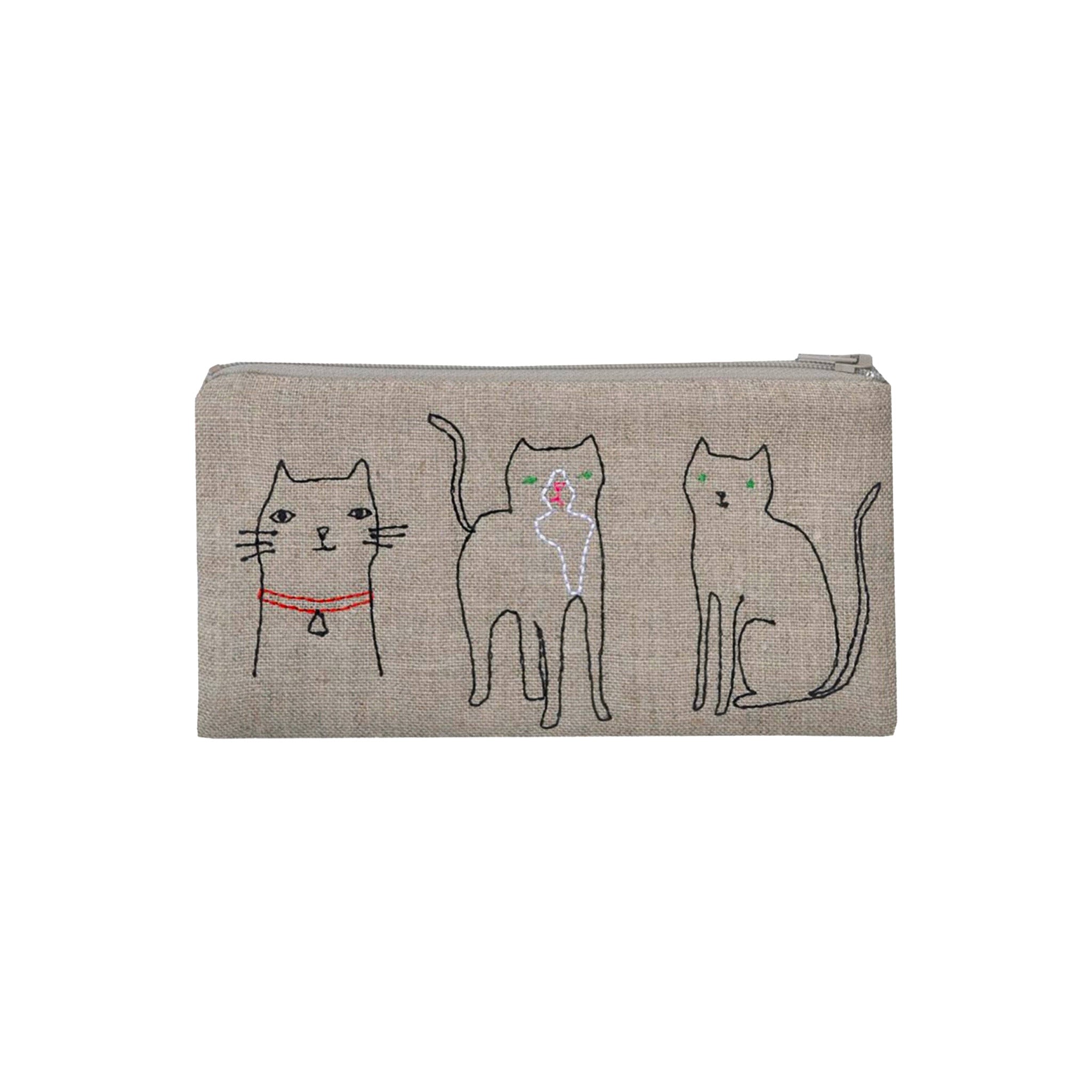 Cats Pouch by K Studio in natural flax linen with embroidered line-drawn cats, quilted construction, zippered closure, and dotted cotton lining.