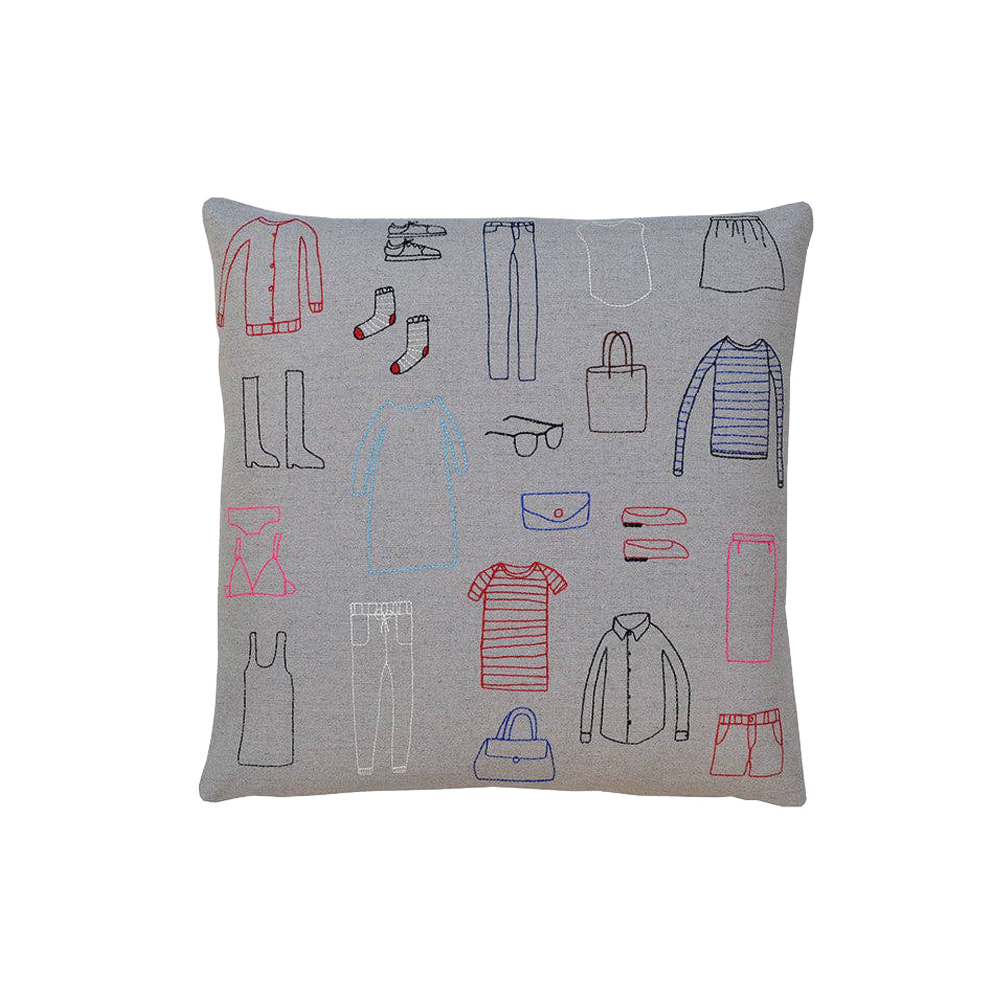 Clothes Cushion by K Studio. Handcrafted in Grand Rapids, Michigan. Flax linen pillow with multicolor stitched clothing motif, zipper closure, and down-alternative insert.