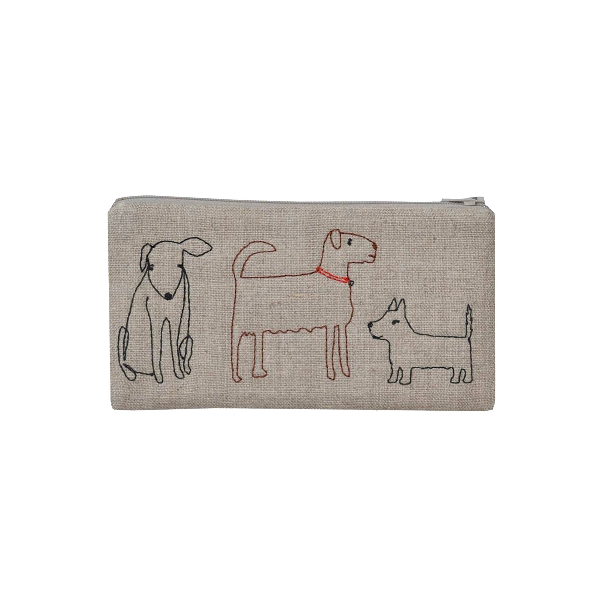 Dogs Pouch by K Studio in natural flax linen with embroidered line-drawn dogs, quilted construction, zippered closure, and dotted cotton lining.