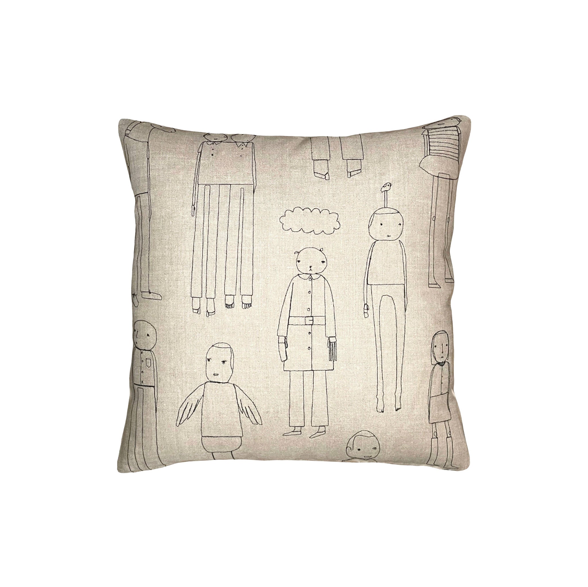Everyday People Cushion by K Studio. Handcrafted in Grand Rapids, Michigan. Flax linen pillow with stitched character motif, zipper closure, and down-alternative insert—your new couch crew.
