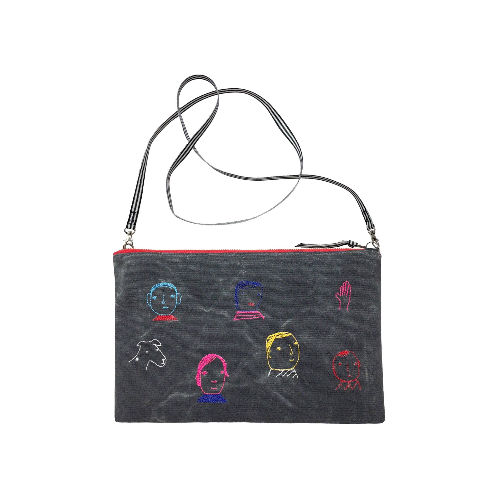 Folks Cross Body Bag (small) by K Studio. Designed and handcrafted in Grand Rapids, Michigan. Grey waxed canvas with multicolor stitched motif, red zipper, dotted lining, and removable striped strap.