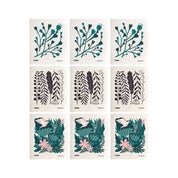 Kana Swedish Dishcloths, set of 9. Three organic flora + fauna designs by Monika Lang, compostable cellulose/cotton blend, made in Sweden.