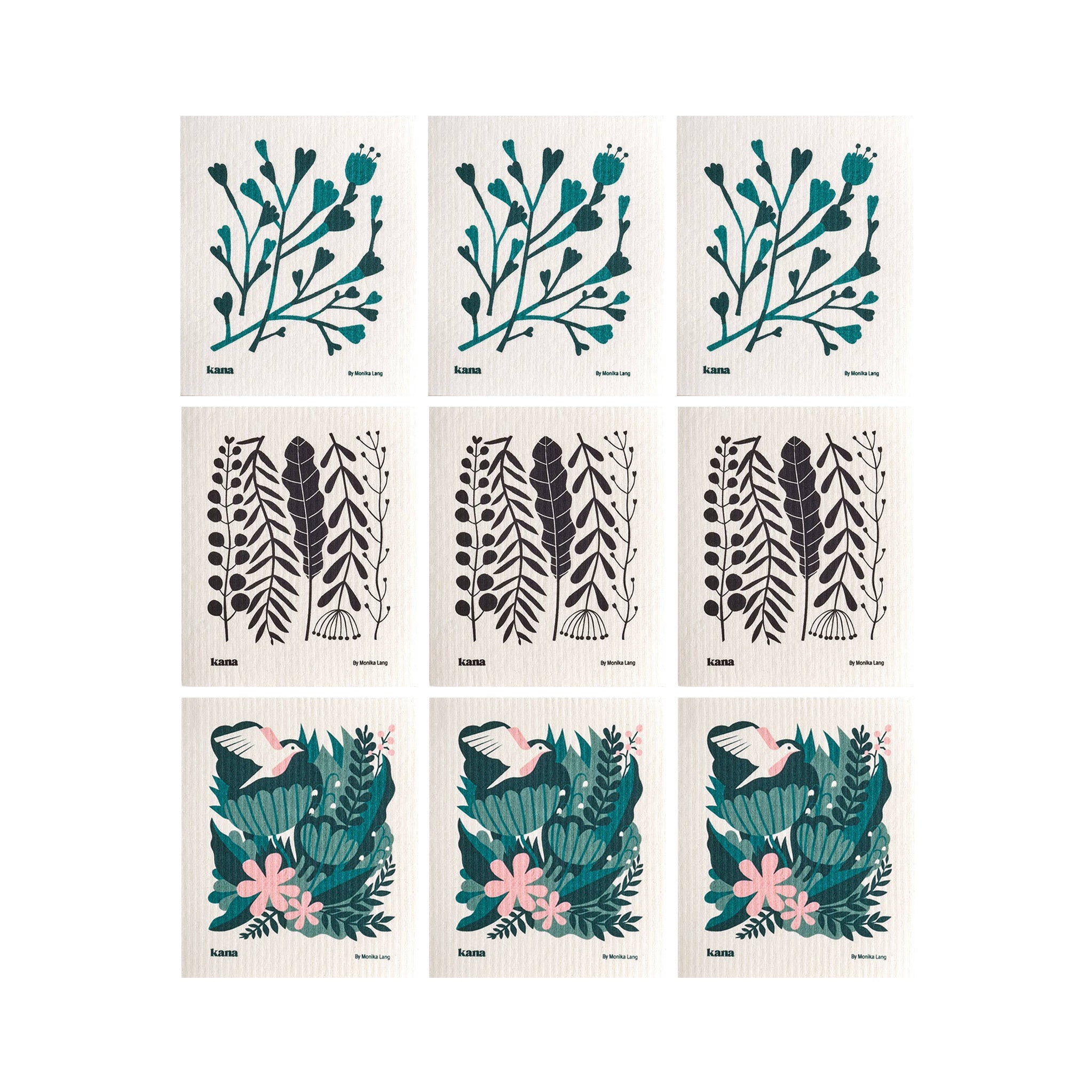 Kana Swedish Dishcloths, set of 9. Three organic flora + fauna designs by Monika Lang, compostable cellulose/cotton blend, made in Sweden.