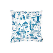 Mökkilä Cushion Cover featuring a playful Nordic village pattern by Bjørn Rune Lie in linen-cotton fabric with hidden zipper closure.