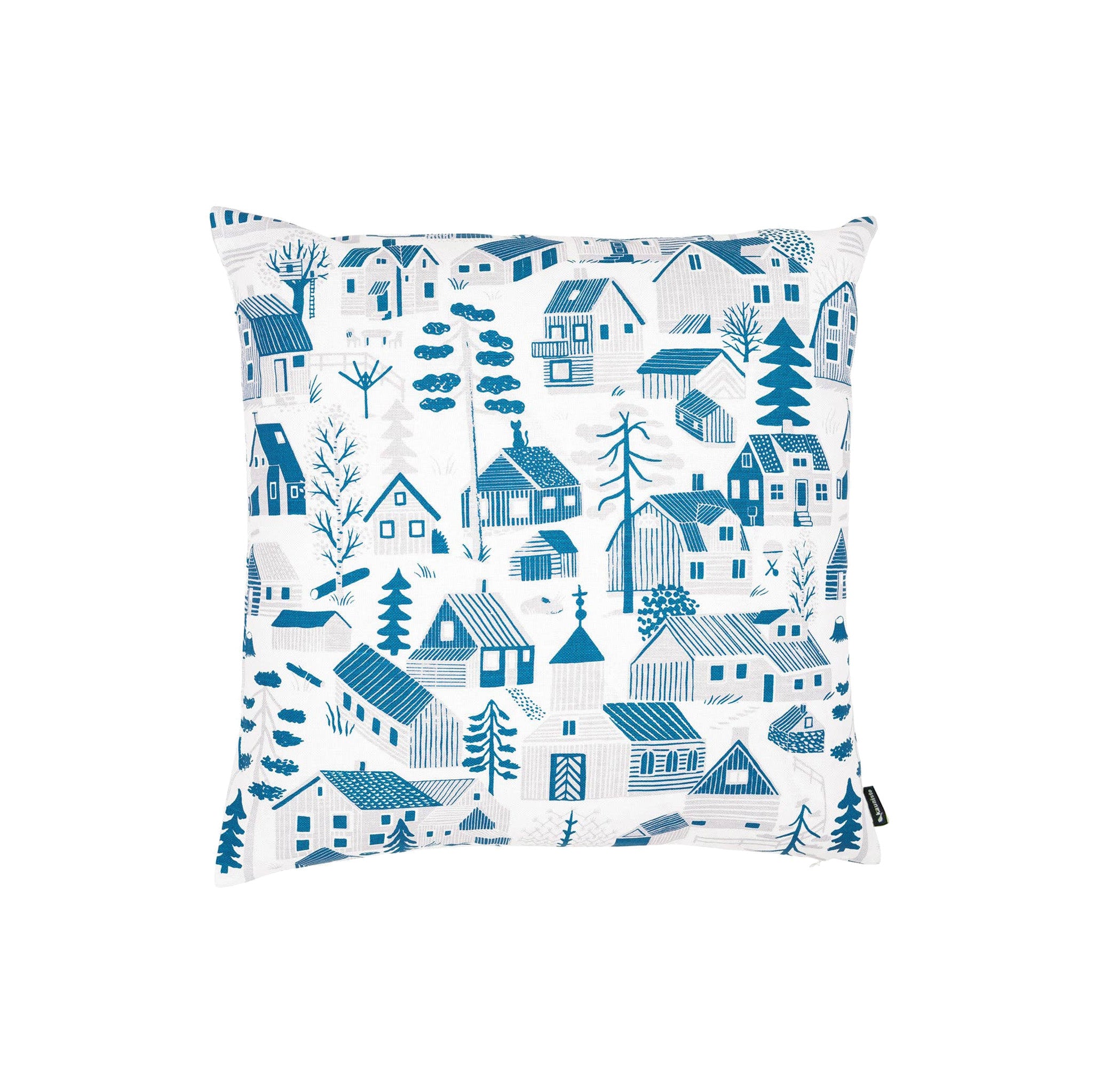 Mökkilä Cushion Cover featuring a playful Nordic village pattern by Bjørn Rune Lie in linen-cotton fabric with hidden zipper closure.