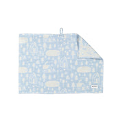 Sauna Towel by Kauniste in reversible cotton-linen jacquard fabric featuring a Finnish lakeside sauna and forest pattern designed by Riikka Laakso.