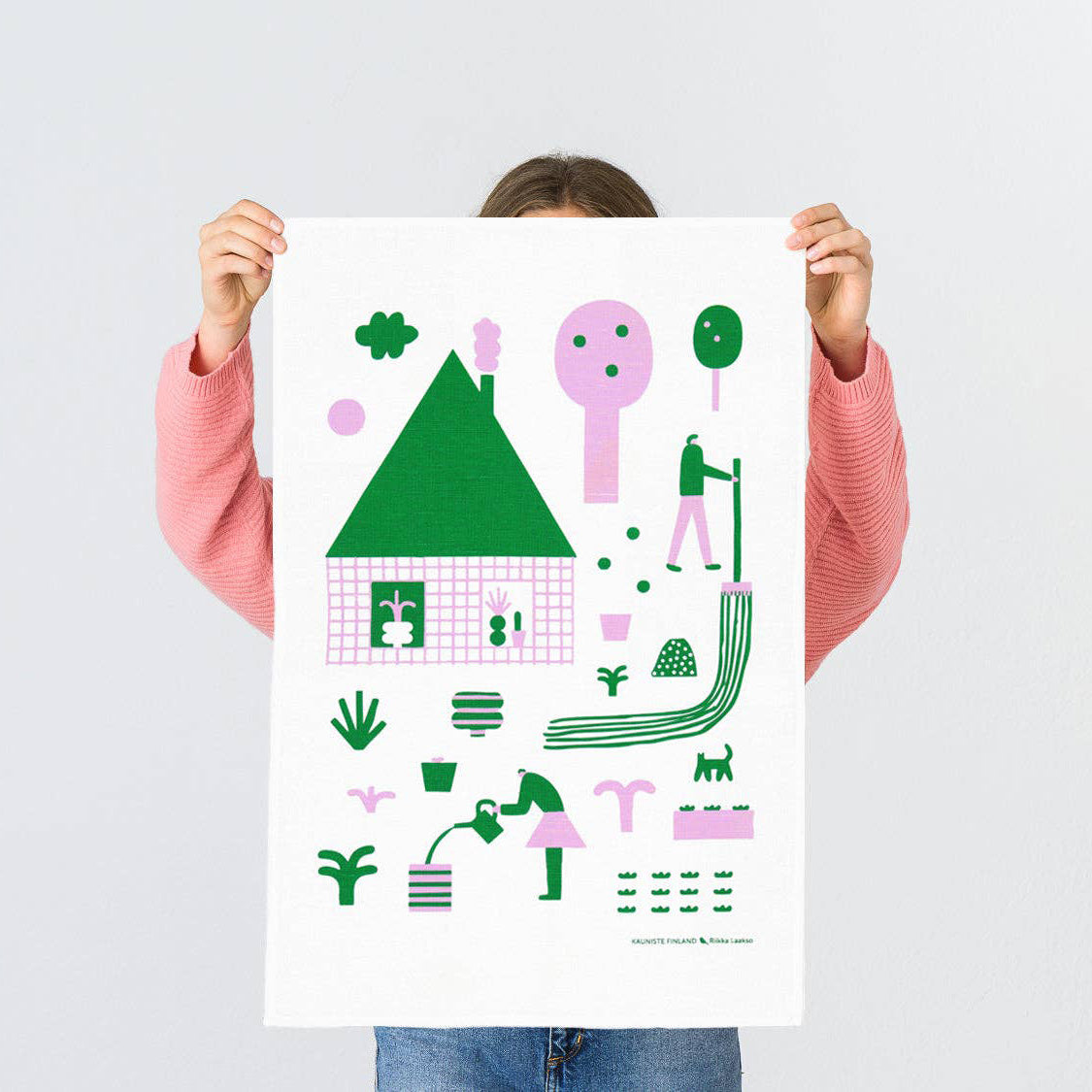 Kauniste Spring kitchen towel with playful botanical print on natural linen-cotton fabric.