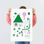Kauniste Spring kitchen towel with playful botanical print on natural linen-cotton fabric.