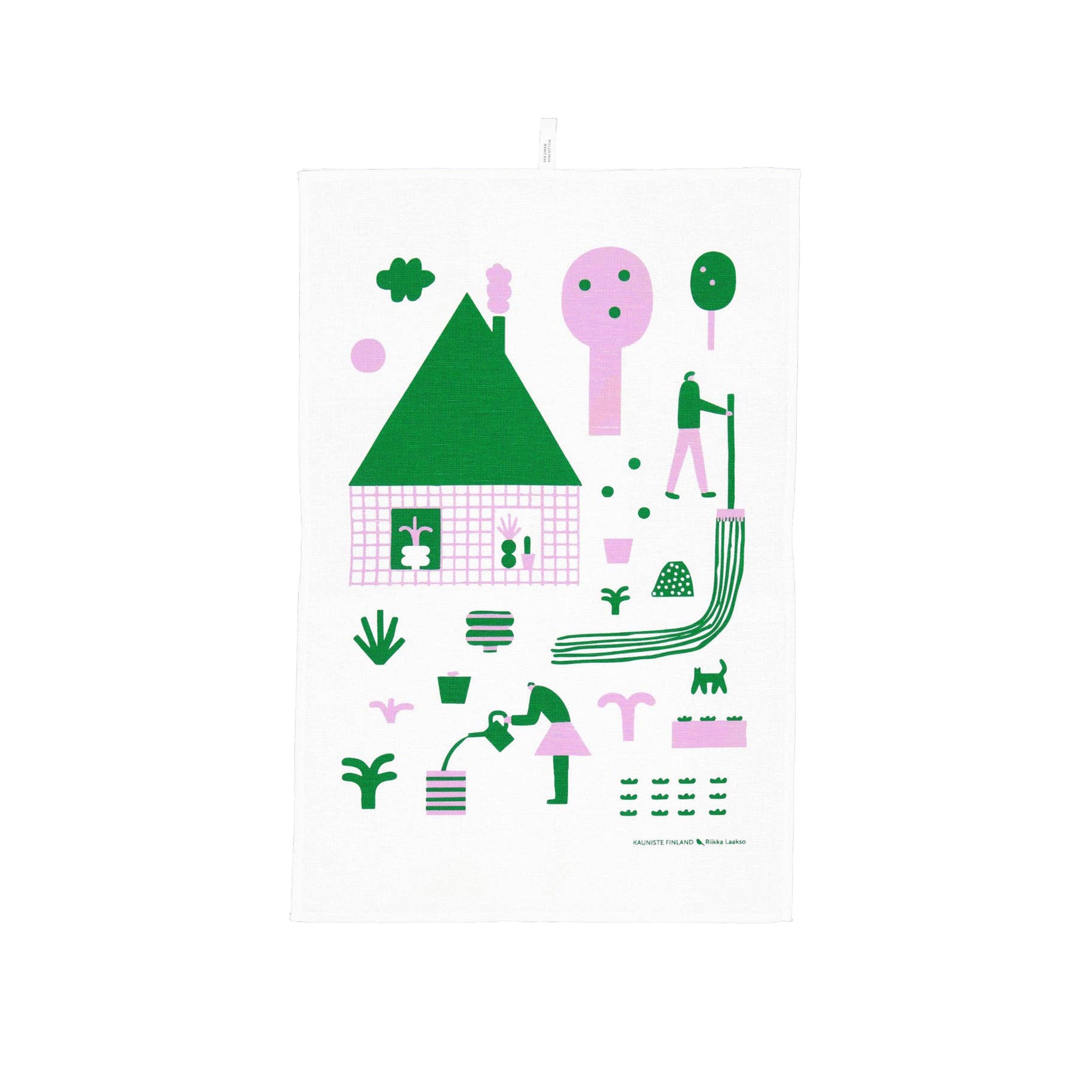Kauniste Spring kitchen towel with playful botanical print on natural linen-cotton fabric.