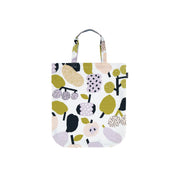 Olive green fruit-pattern linen-cotton tote bag by Hannele Äijälä, 15" x 17".
