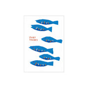 Fish Many Thanks Card by Kautzi Illustrations featuring a school of stylized blue fish with “Many Thanks” text.