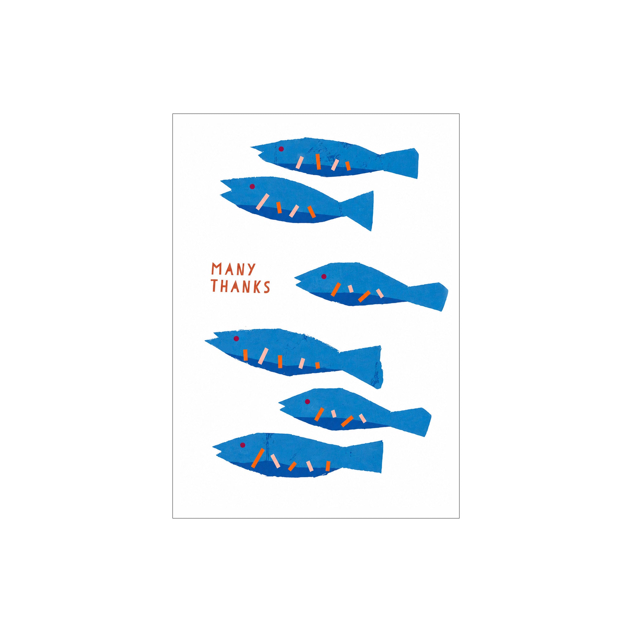 Fish Many Thanks Card by Kautzi Illustrations featuring a school of stylized blue fish with “Many Thanks” text.
