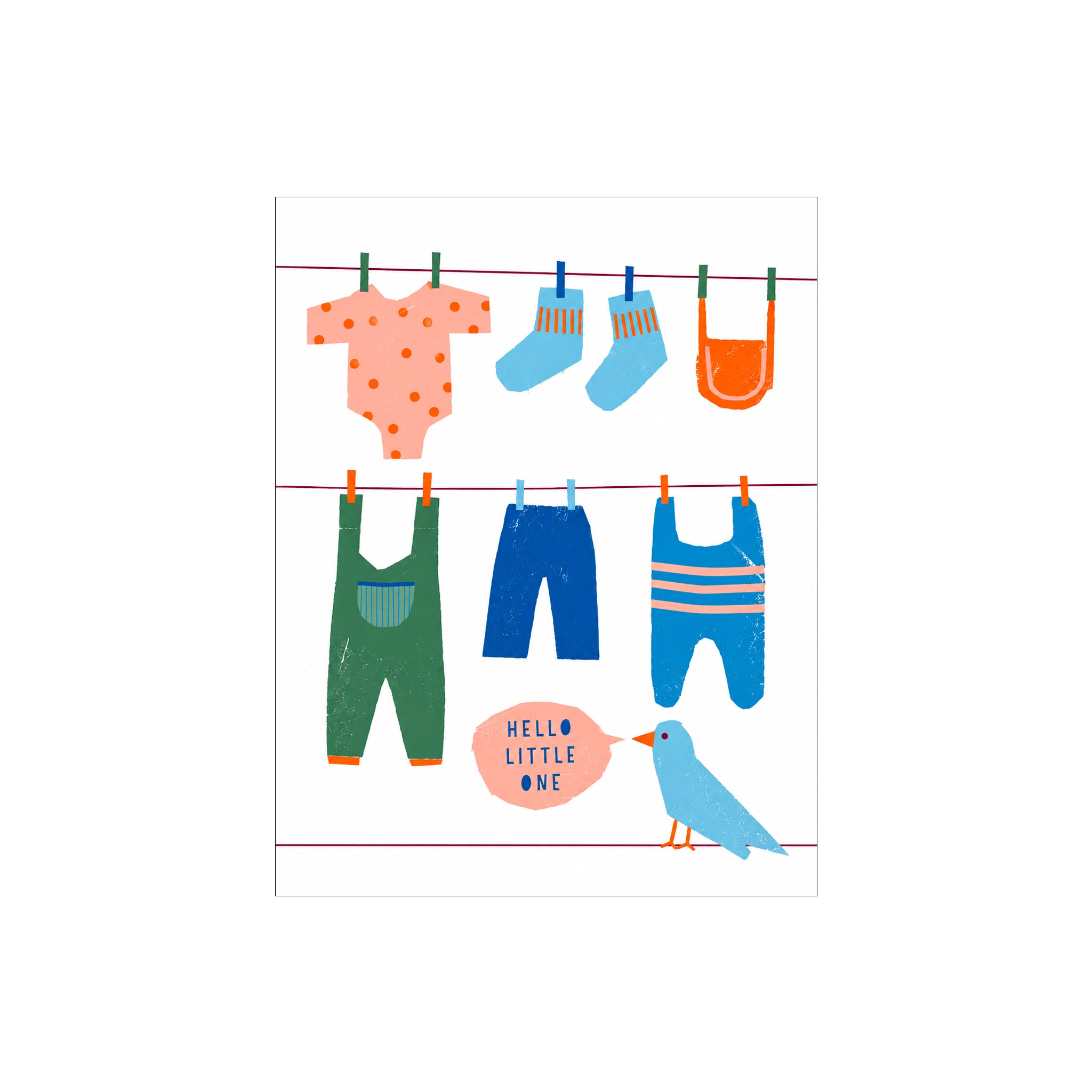 Hello Little One Card by Kautzi Illustrations featuring a colorful clothesline illustration welcoming a new baby.